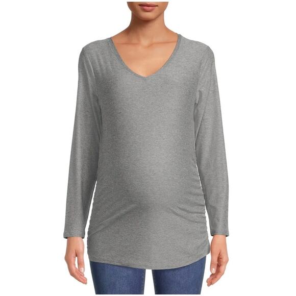 Time & Tru Maternity Long Sleeve V-Neck T-Shirt in Medium Gray Ruched Size L - Picture 2 of 8
